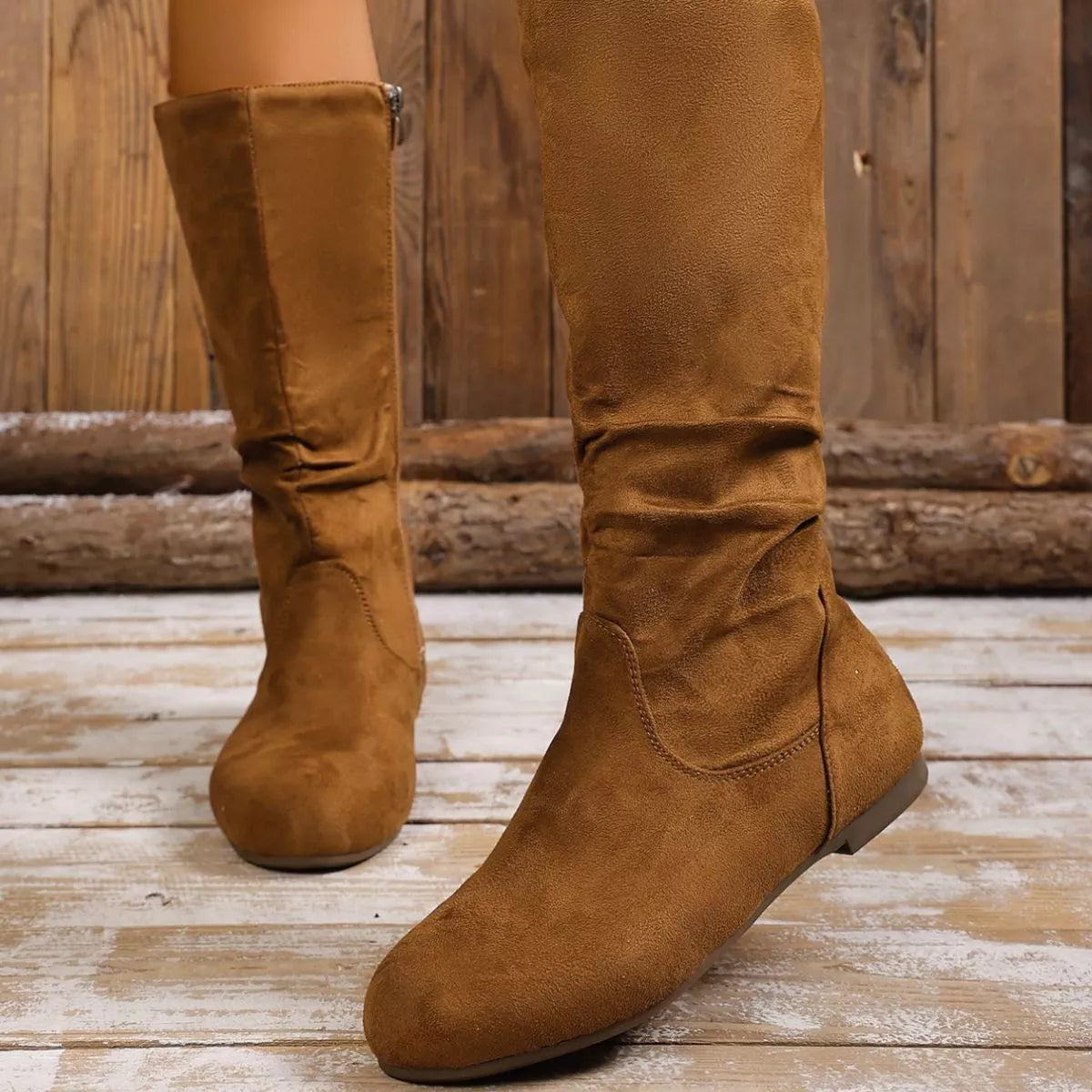 Trendsi round toe side zip boots in black leather with a sleek design and ankle height, stylish for casual or dressy wear.