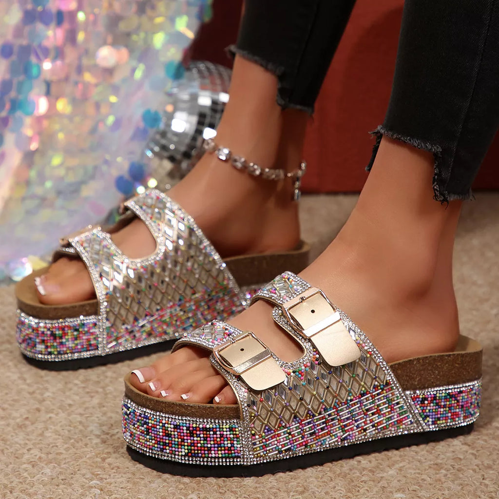 Shopimist rhinestone double buckle sandals featuring sparkling rhinestones and stylish double buckles on open-toe footwear.