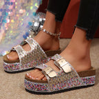 Shopimist rhinestone double buckle sandals featuring sparkling rhinestones and stylish double buckles on open-toe footwear.