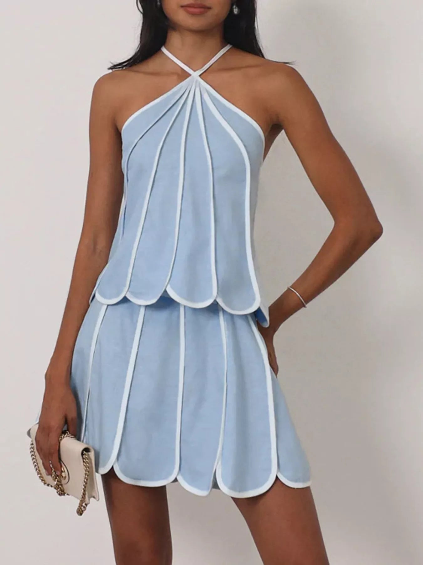 Plush Fashion Hub contrast trim halter neck top and matching skirt set, fashionable women's clothing, stylish and modern design