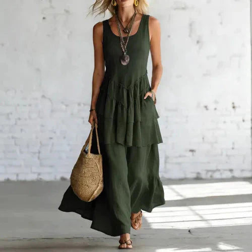 Women's cotton linen sleeveless maxi dress in a loose fit, perfect casualwear from Plush Fashion Hub.