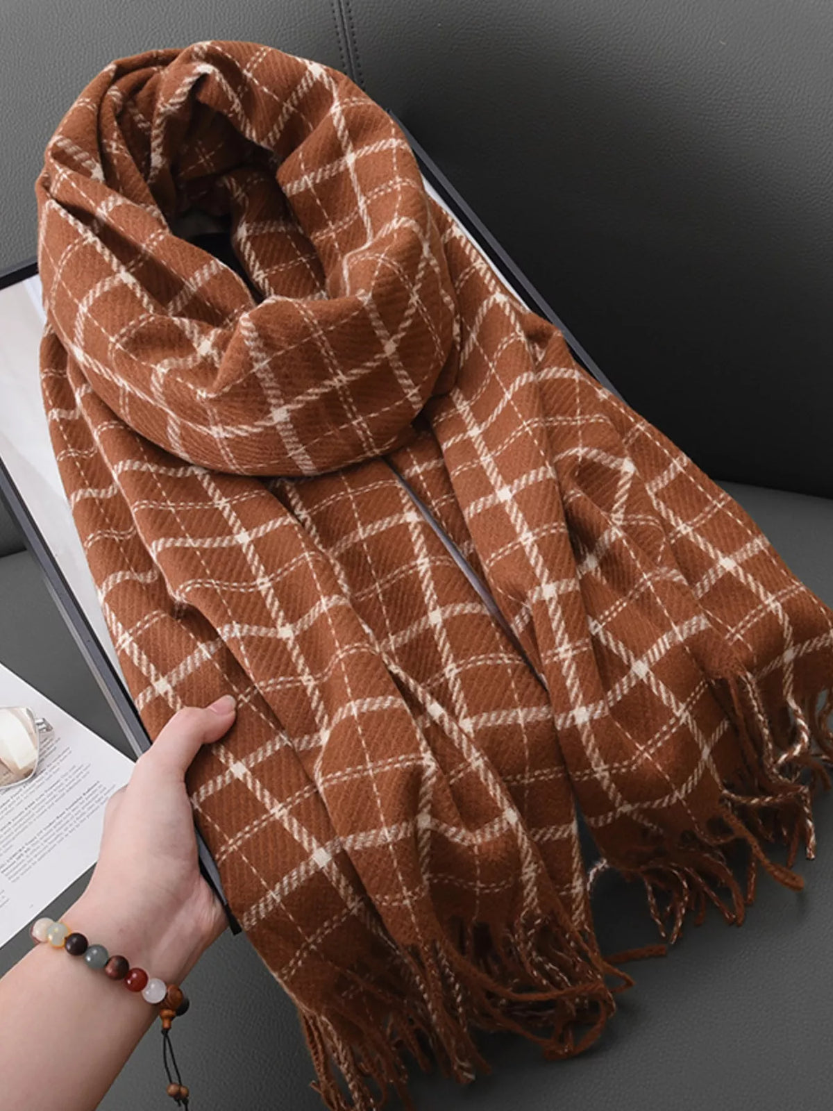 Simply Love classic plaid scarf with soft fabric and vibrant red, blue, and white checkered pattern, perfect for stylish winter wear.