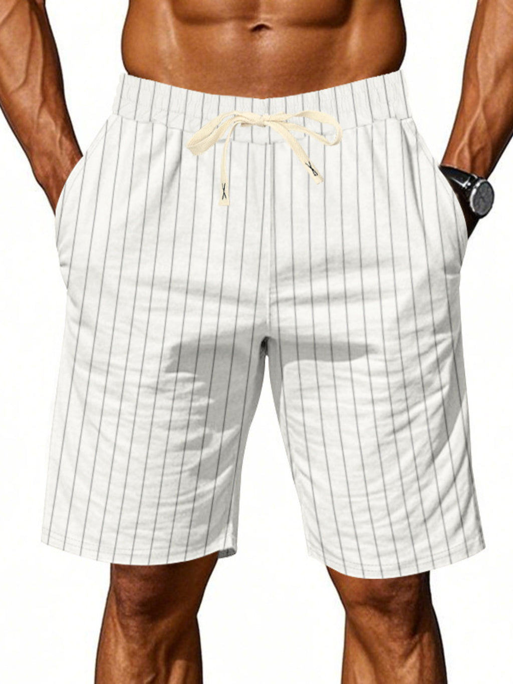 Men's plus size striped casual shorts with drawstring waistband, featuring a relaxed fit and comfortable fabric from Trendsi.