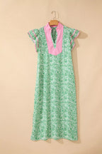 Floral midi dress with contrast trim and flutter sleeves by Plush Fashion Hub, featuring a flowy, feminine design.