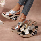 Shopimist open toe wedge sandals with chunky heel and leather straps, perfect for summer or casual outings.