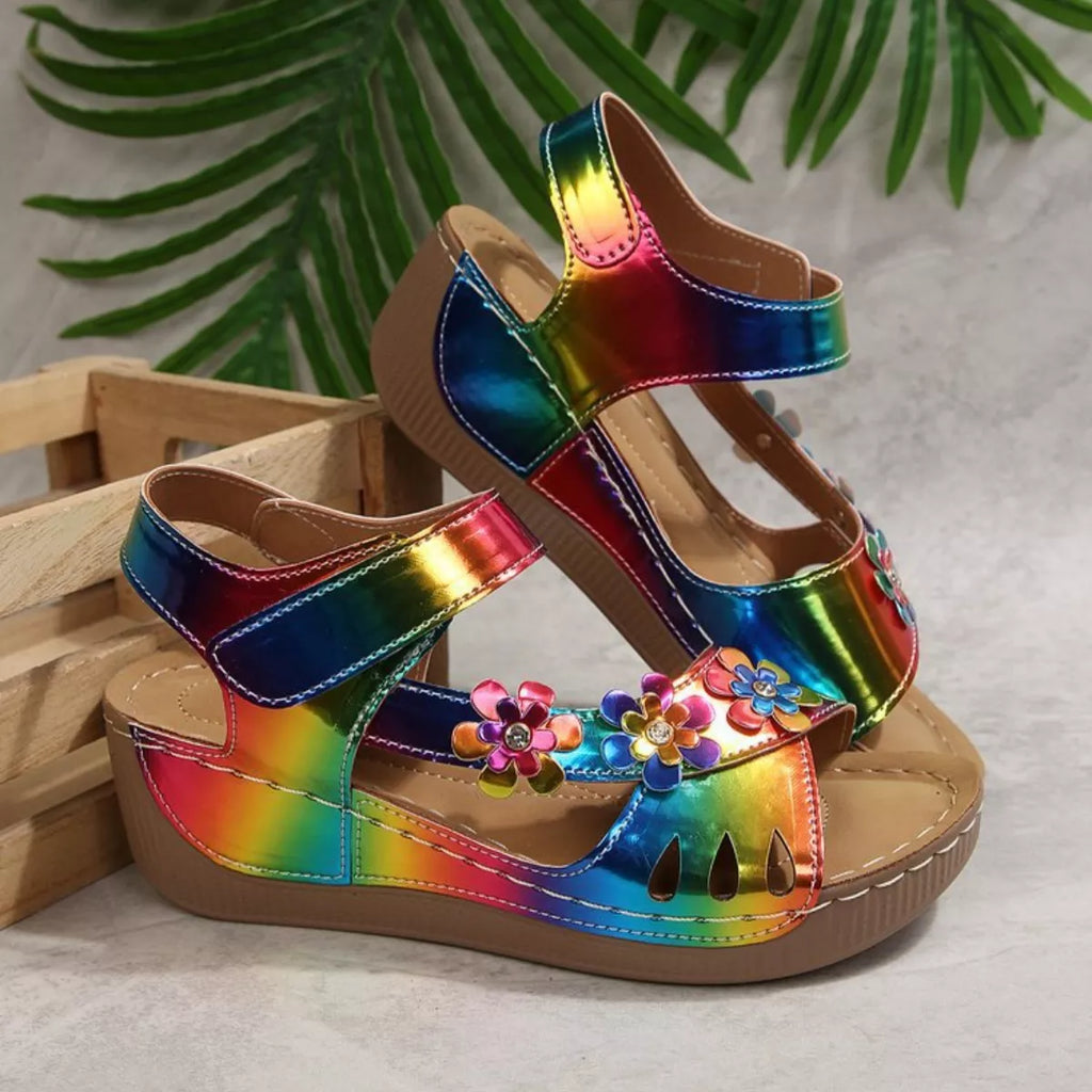 Floral embellished wedge sandals from Shopimist featuring colorful flower details and a comfortable cork heel.