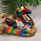 Floral embellished wedge sandals from Shopimist featuring colorful flower details and a comfortable cork heel.