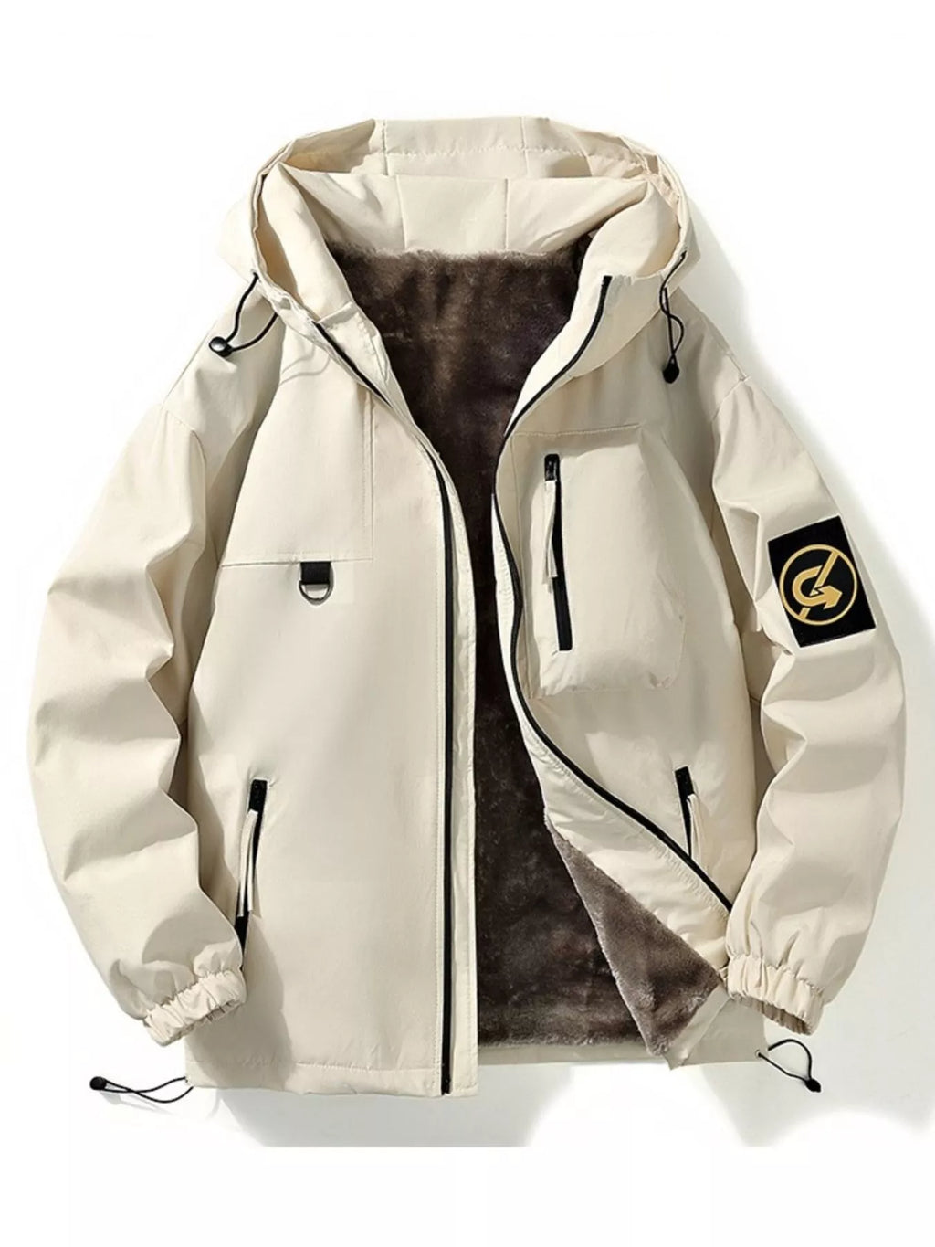 Plus size men's Shopimist zip-up hooded jacket with drawstring, featuring a front zipper and hood for casual outdoor wear.