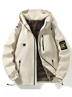 Plus size men's Shopimist zip-up hooded jacket with drawstring, featuring a front zipper and hood for casual outdoor wear.