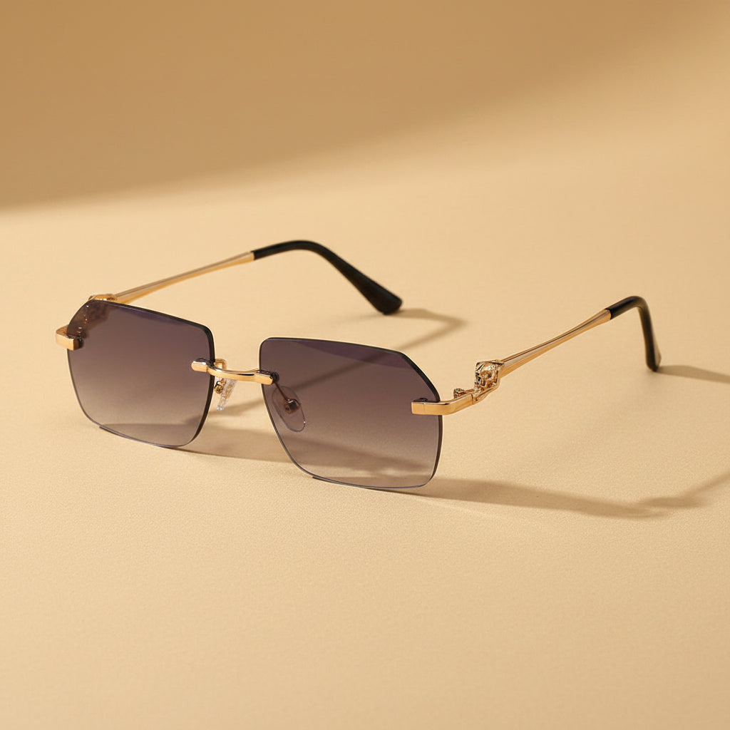 FitiqueFit gold frame rimless sunglasses with cheetah print accents, showcasing a hip-hop style eyewear design.