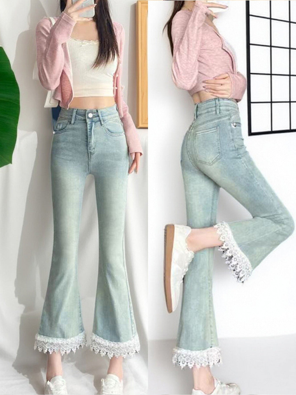 Light blue micro-flare lace stretch jeans for women, casualwear by Plush Fashion Hub, shown with a close-up of the fabric and fit.