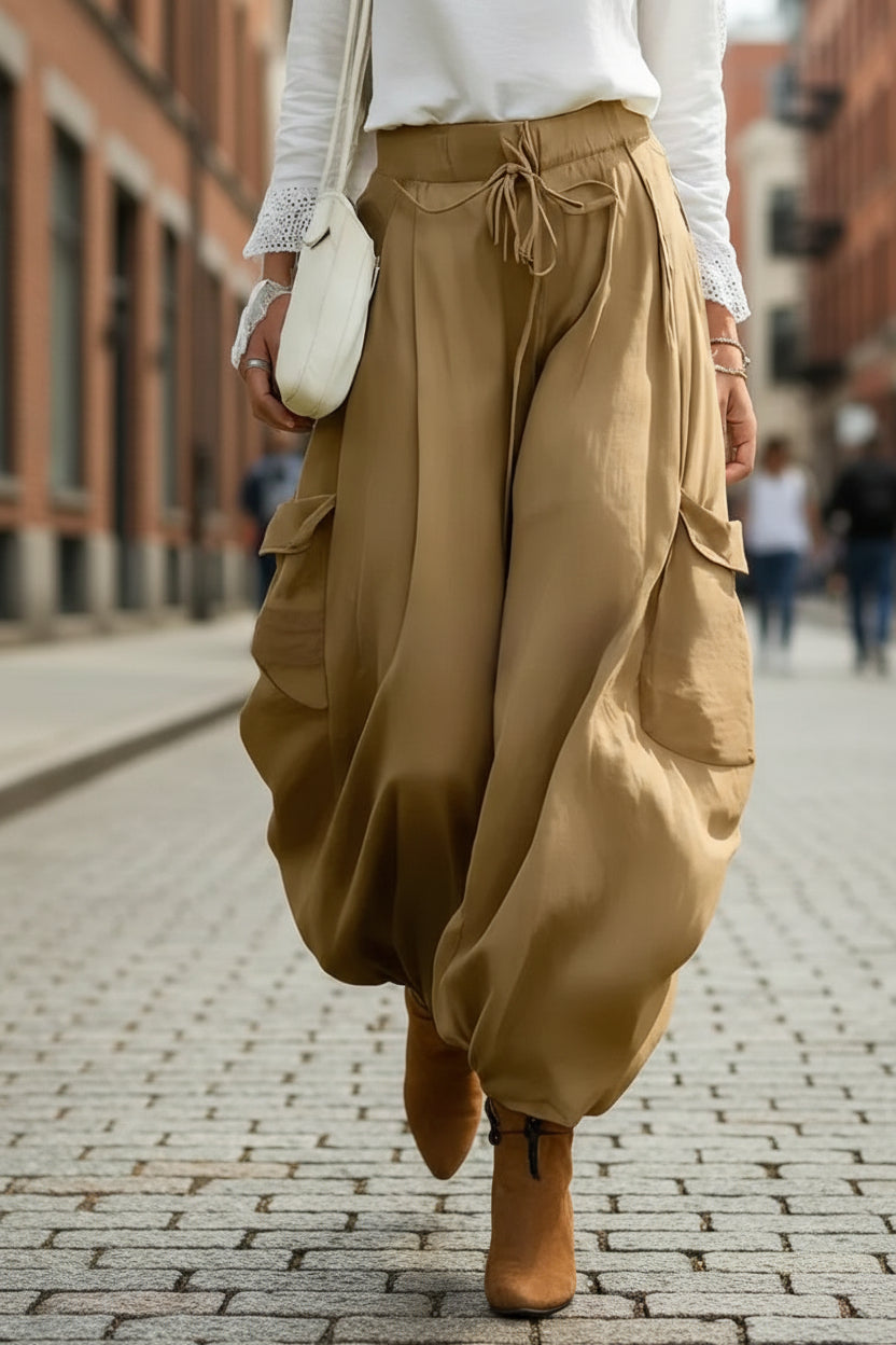 Light brown FitiqueFit drawstring elastic waist casual trousers with loose fit, shown in a relaxed style.