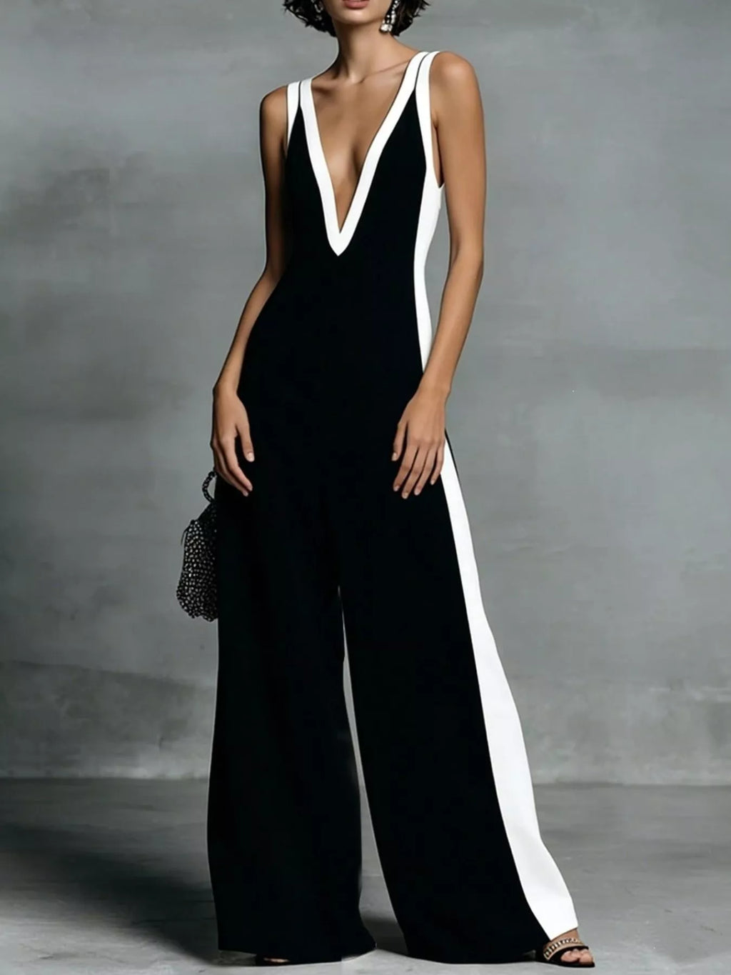 Deep V-neck wide-leg jumpsuit by Trendsi, stylish onesie with a flattering V-neck and flowing wide-leg design, shown from the front.