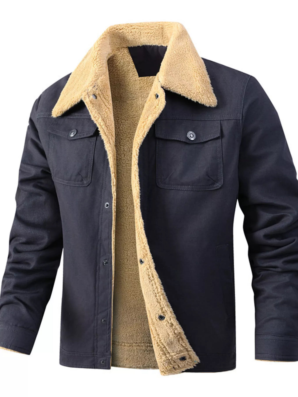 Men's plus size Sherpa-lined snap-down jacket by Shopimist, featuring a cozy fleece interior and a stylish outer shell.