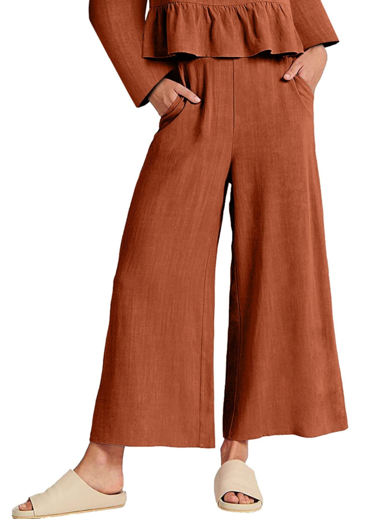 Women's ruffled hem long sleeve top and pants lounge set with pockets, stylish and comfortable 2-piece set by Trendsi.