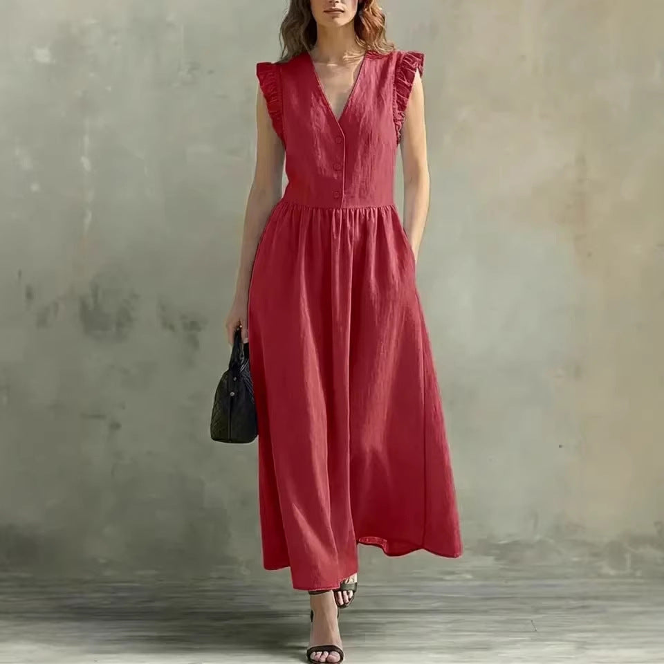 FitiqueFit women's V-neck puff-sleeve casual dress with pockets in cotton linen fabric, shown in a stylish 7-color palette.