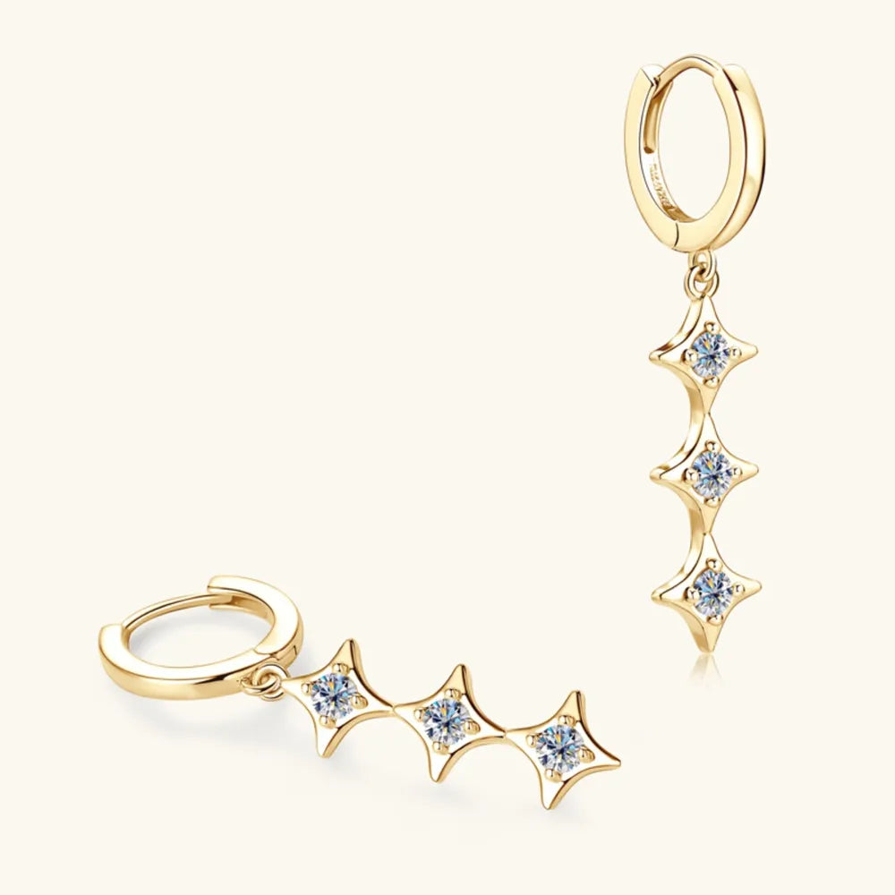 Sterling silver moissanite geometric shape earrings with modern design, featuring sparkling stone accents and sleek silver finish.