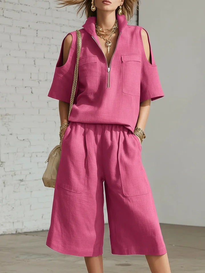Casual short-sleeve shirt and loose shorts two-piece set by Plush Fashion Hub, featuring a relaxed fit and comfortable fabric.
