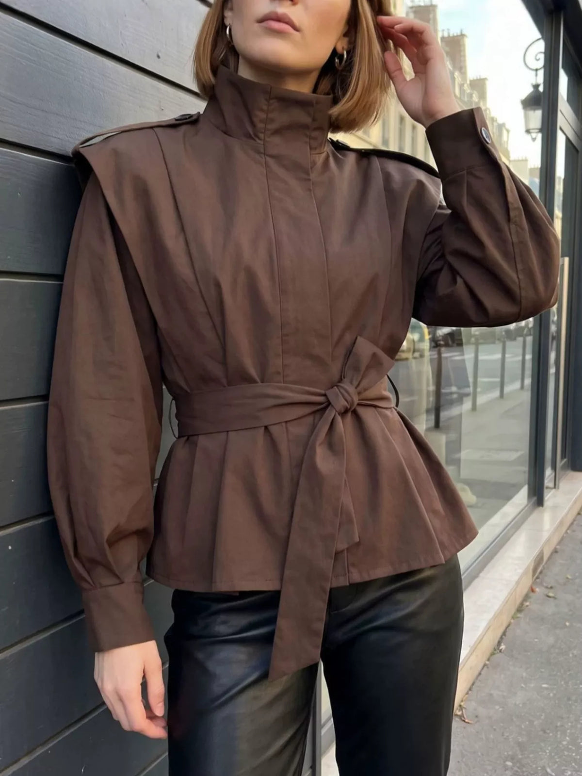 Trendsi stand-collar belted outerwear, stylish outerwear jacket with a belt and stand collar, suitable for layered winter looks.