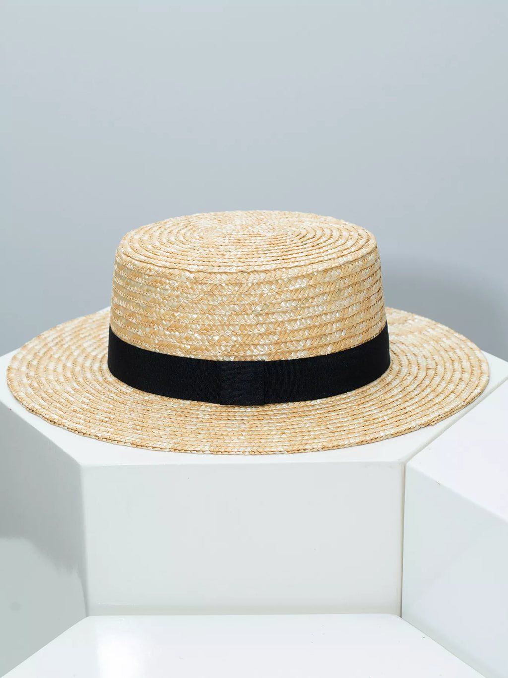 Plush Fashion Hub classic wheat straw boater hat with decorative ribbon, perfect for elegant summer outdoor styles.