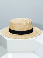 Plush Fashion Hub classic wheat straw boater hat with decorative ribbon, perfect for elegant summer outdoor styles.
