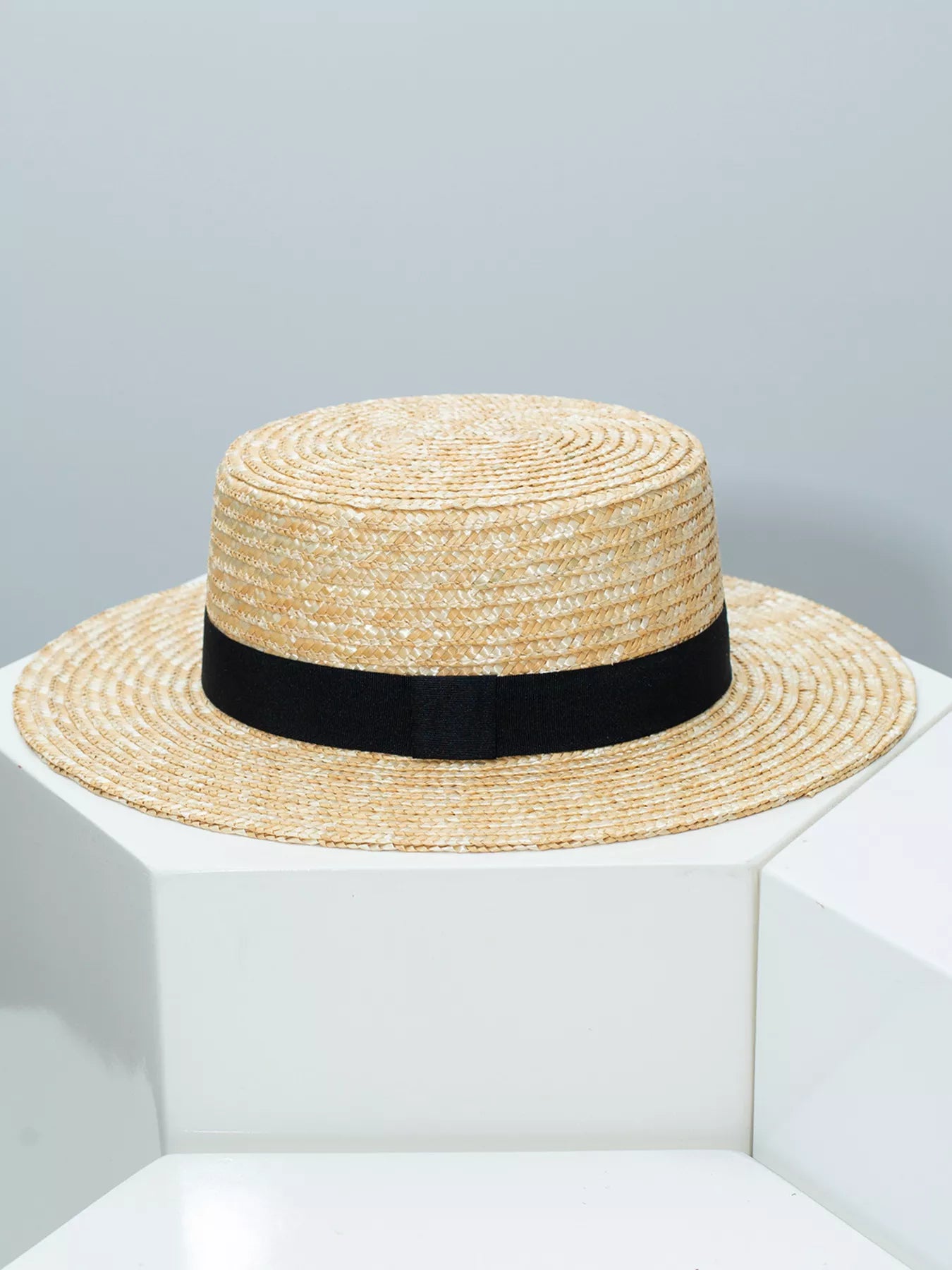 Plush Fashion Hub classic wheat straw boater hat with decorative ribbon, perfect for elegant summer outdoor styles.