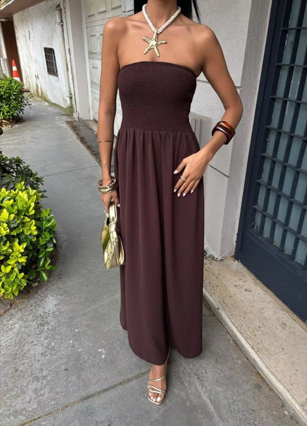 Strapless smocked maxi dress by Shopimist featuring a fitted bodice and flowing skirt, perfect for summer or special occasions.