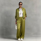 Women's Satin Two-Piece Set — Frog Button Jacket & Wide Leg Pants