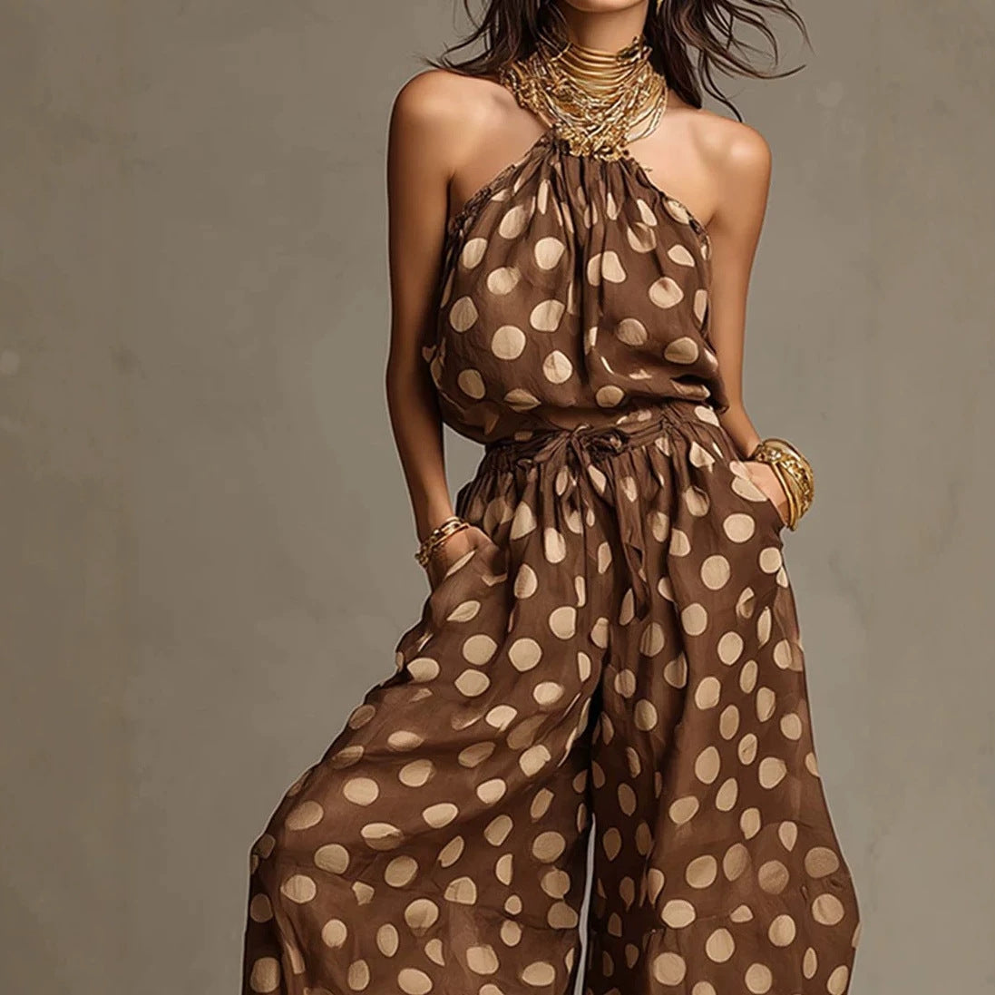 Women’s polka dot bohemian jumpsuit with halter neck, loose fit, wide-leg design, by Plush Fashion Hub.
