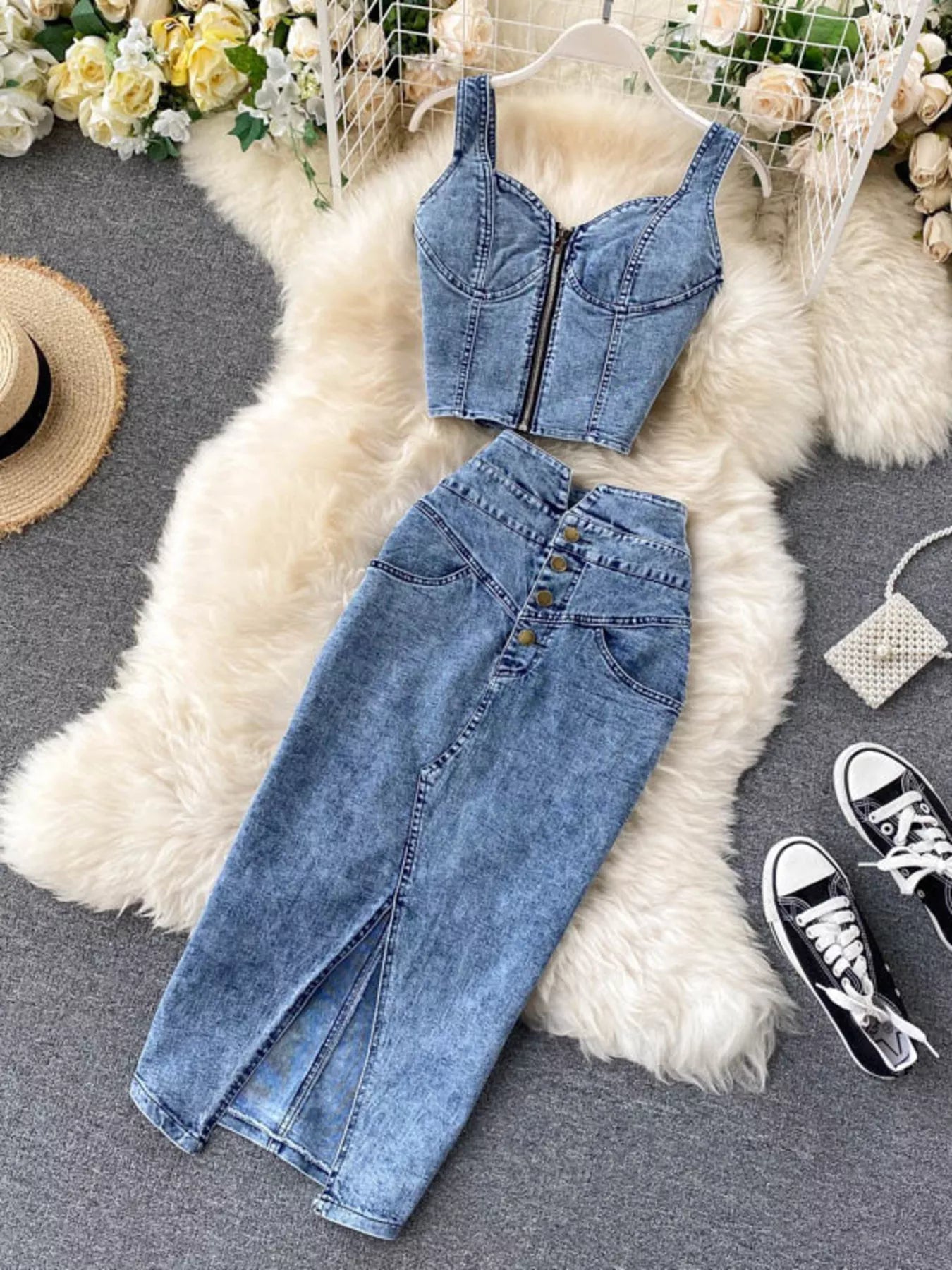 Plush Fashion Hub denim set with zipper top and button slit skirt, styled together for a trendy casual look.