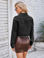 VYSN raw hem denim jacket with front pockets, casual fashion clothing, shown on a model.