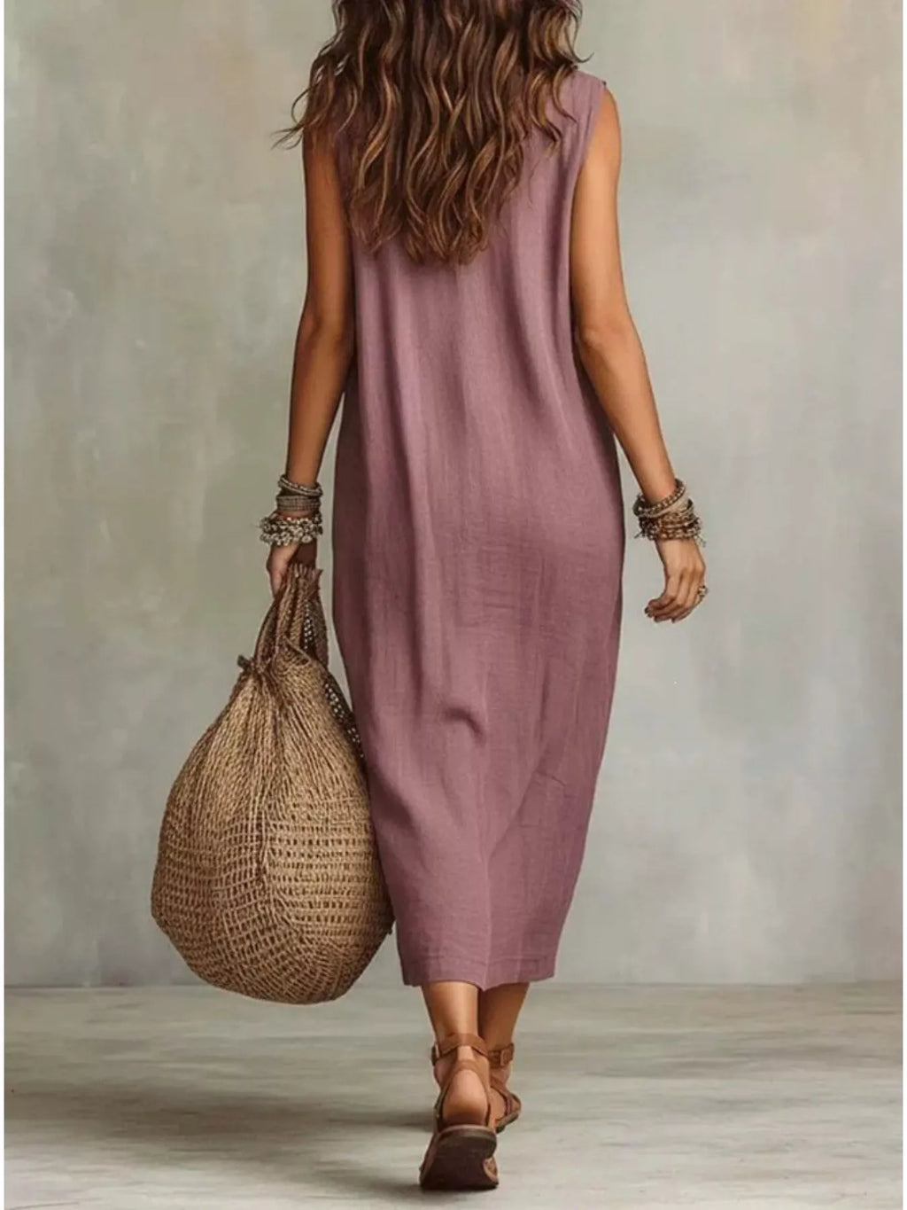 Plus size full-length midi dress with a cowl neck and sleeveless design from Trendsi, shown in a stylish, flowing silhouette.