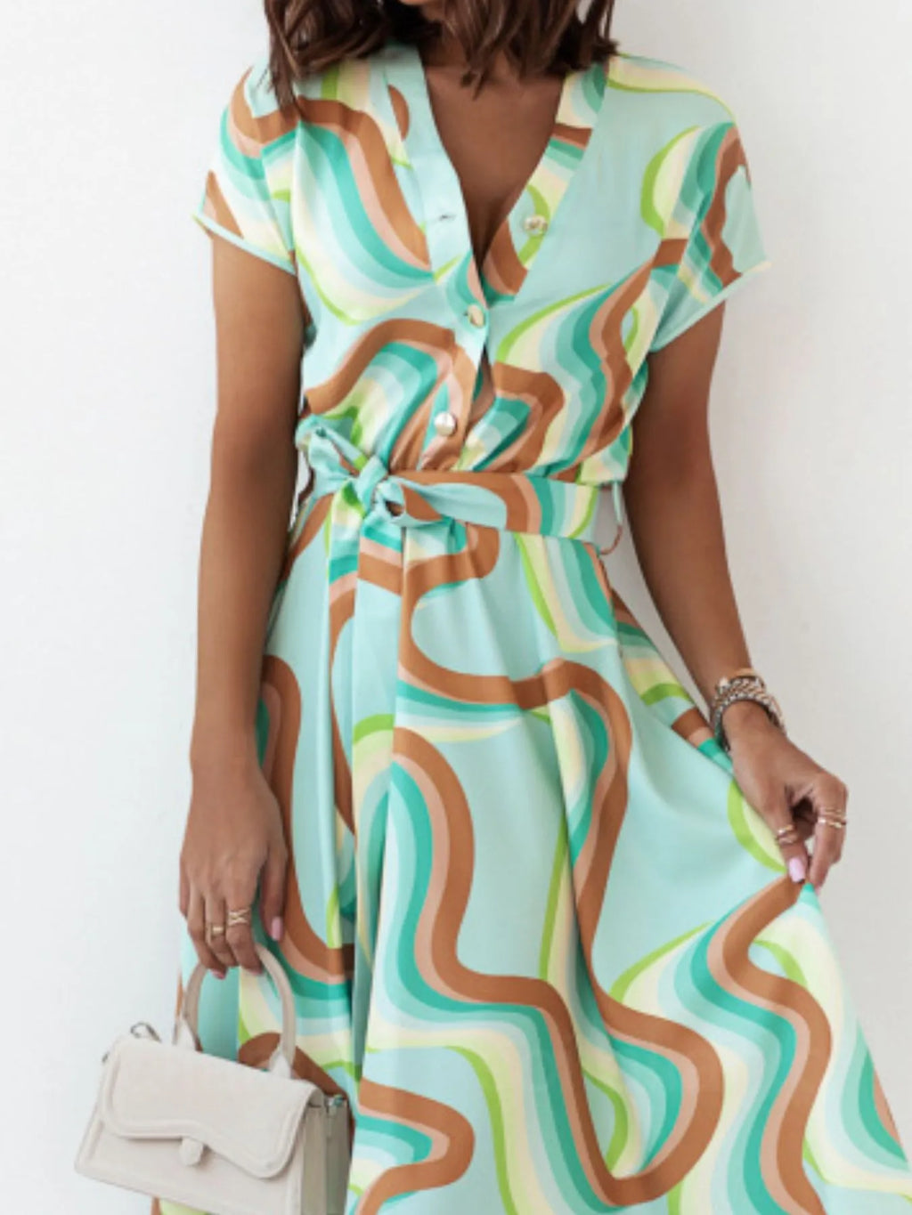 Printed button-front midi dress with belt from Shopimist, featuring a stylish design and fitted waist.