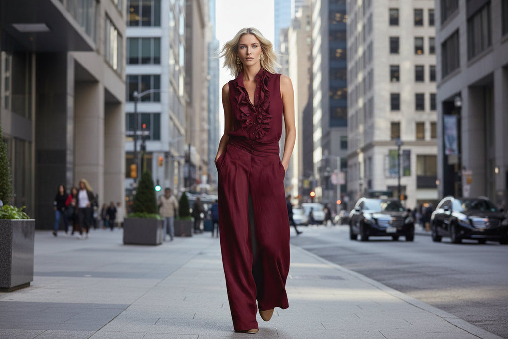 Women’s linen blend two-piece casualwear set by FitiqueFit featuring a sleeveless shirt and wide-leg pants, perfect for warm weather.