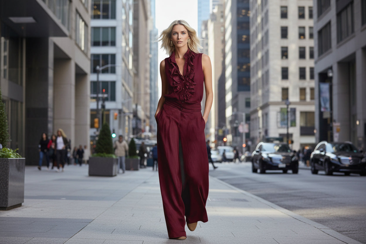 Women’s linen blend two-piece casualwear set by FitiqueFit featuring a sleeveless shirt and wide-leg pants, perfect for warm weather.