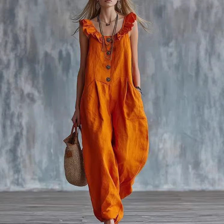 Women's sleeveless button-down tank jumpsuit in casualwear style with a fitted bodice and wide-leg pants by Plush Fashion Hub.