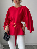 Shopimist batwing sleeve belted blouse featuring flowy fabric and a stylish belt, ideal for casual or office wear.