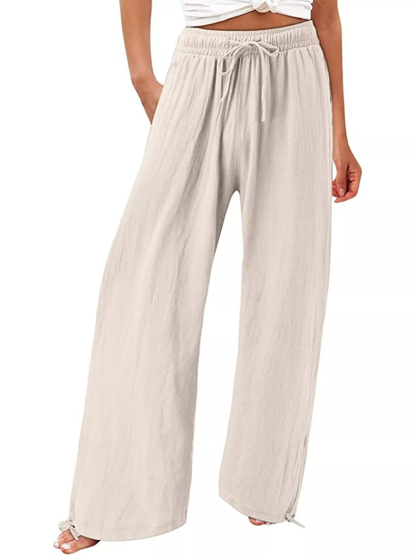 Plus size wide leg pants with drawstring waist from Plush Fashion Hub, featuring a full-length relaxed fit and comfortable style.