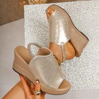Shopimist open toe wedge sandals with chunky heel and ankle strap, showcasing beige summer footwear with woven design.