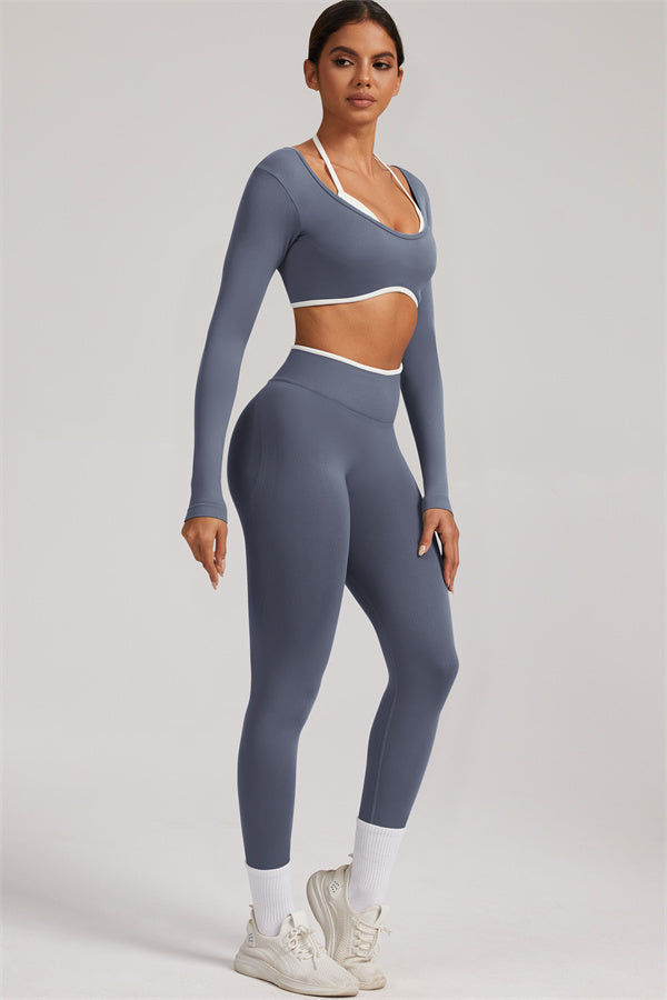 Fitglutes Activewear long sleeve crop top and leggings 2-piece set, sporty workout clothes for gym and fitness activities.