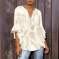 Women's 3D print ruffle sleeve loose top by FitiqueFit, featuring elegant urban style with flowy fabric and stylish ruffle details.