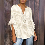 Women's 3D print ruffle sleeve loose top by FitiqueFit, featuring elegant urban style with flowy fabric and stylish ruffle details.