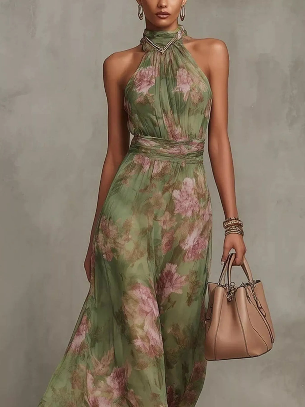 Plus size floral print sleeveless maxi dress by Trendsi, full-length dress with vibrant floral pattern and flowing fabric.