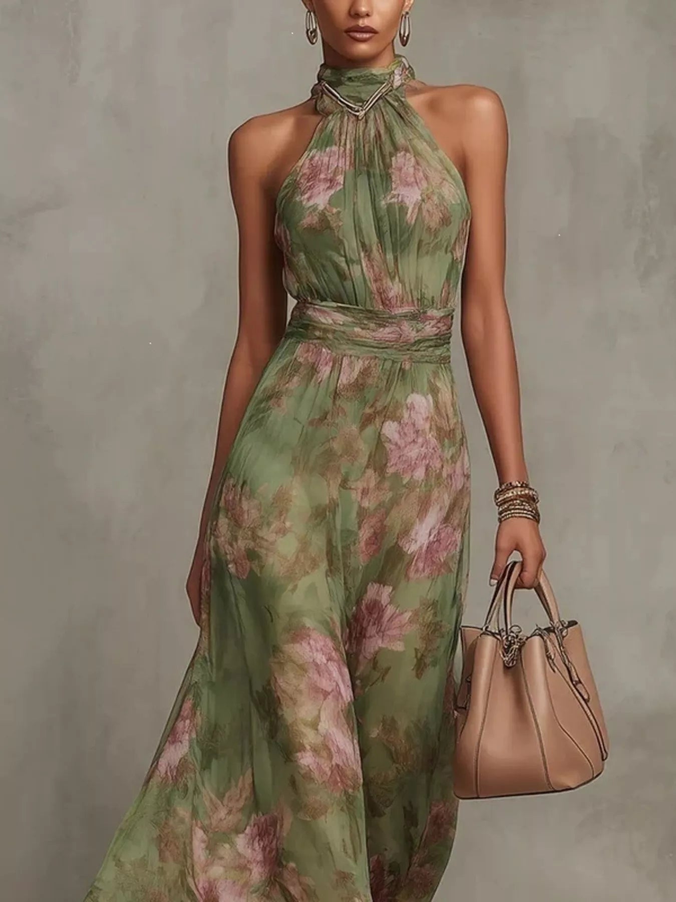Plus size floral print sleeveless maxi dress by Trendsi, full-length dress with vibrant floral pattern and flowing fabric.