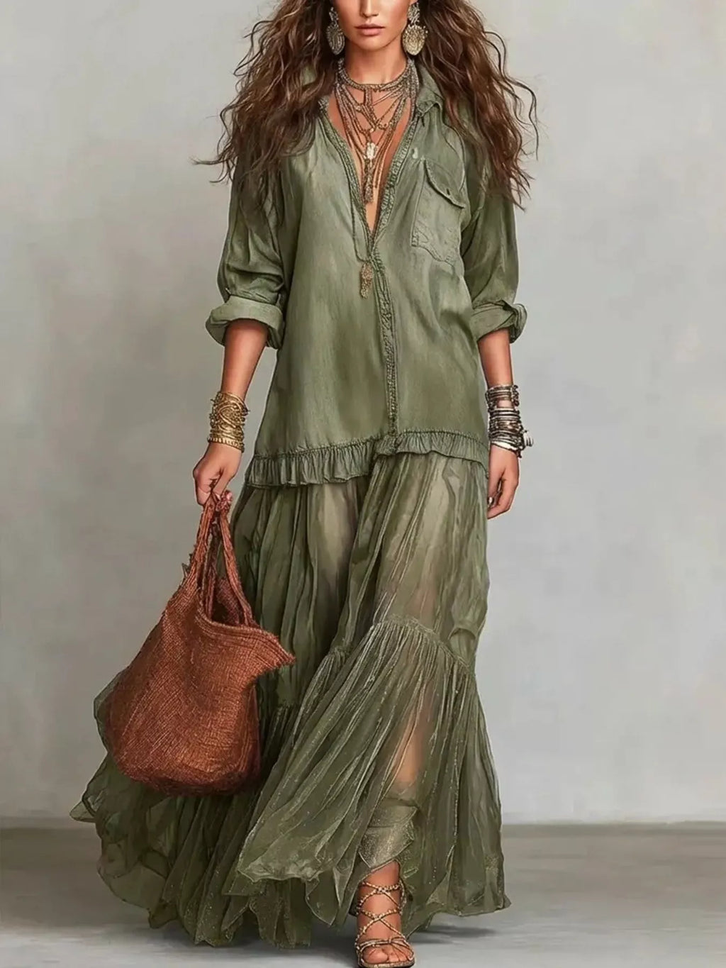 Long sleeve sheer ruffle maxi dress by Shopimist featuring flowing fabric and elegant ruffle details
