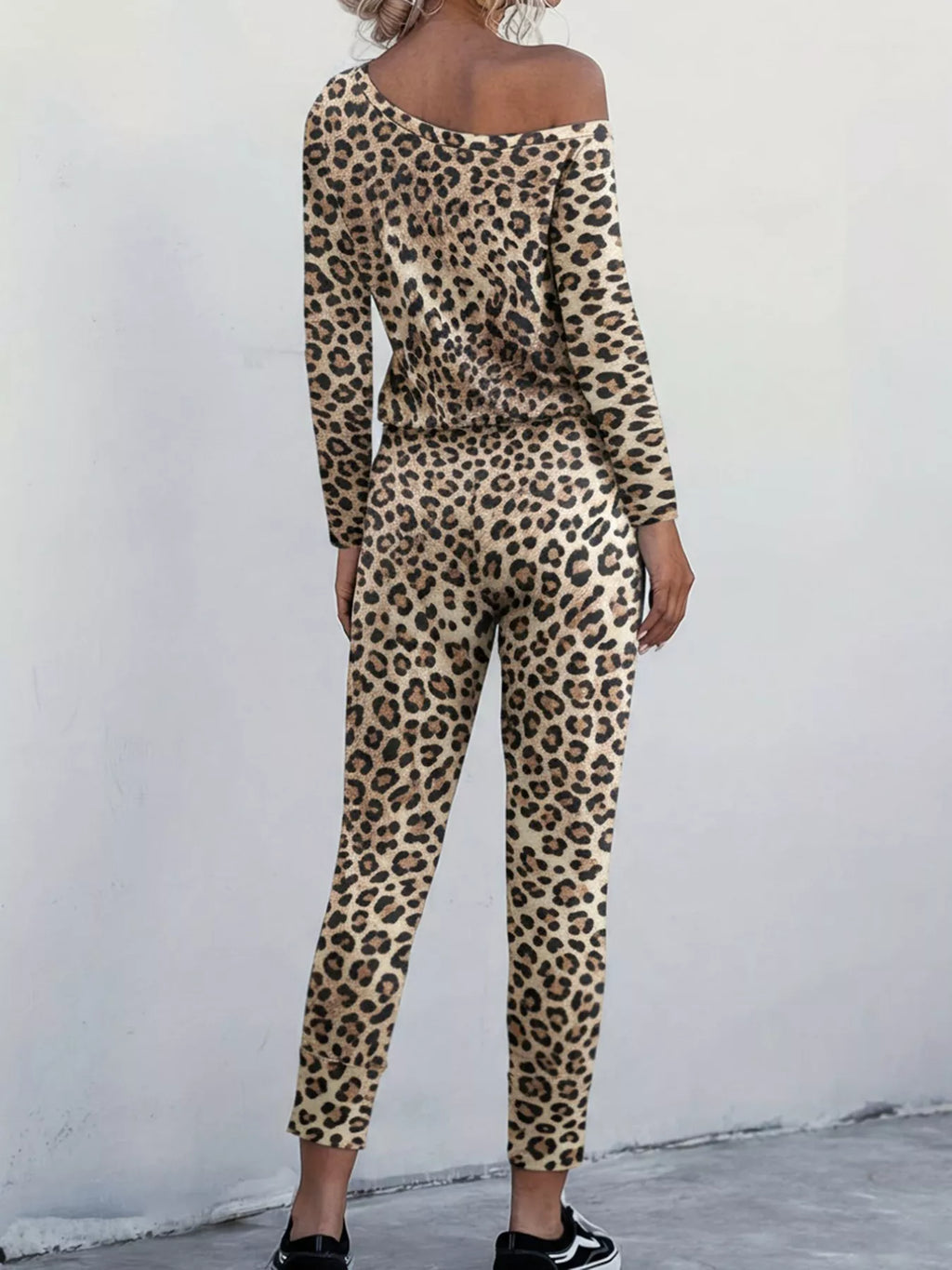 Leopard print one-shoulder top and matching pants set by Simply Love, featuring stylish, fitted design and bold animal print fabric.