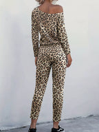 Leopard print one-shoulder top and matching pants set by Simply Love, featuring stylish, fitted design and bold animal print fabric.