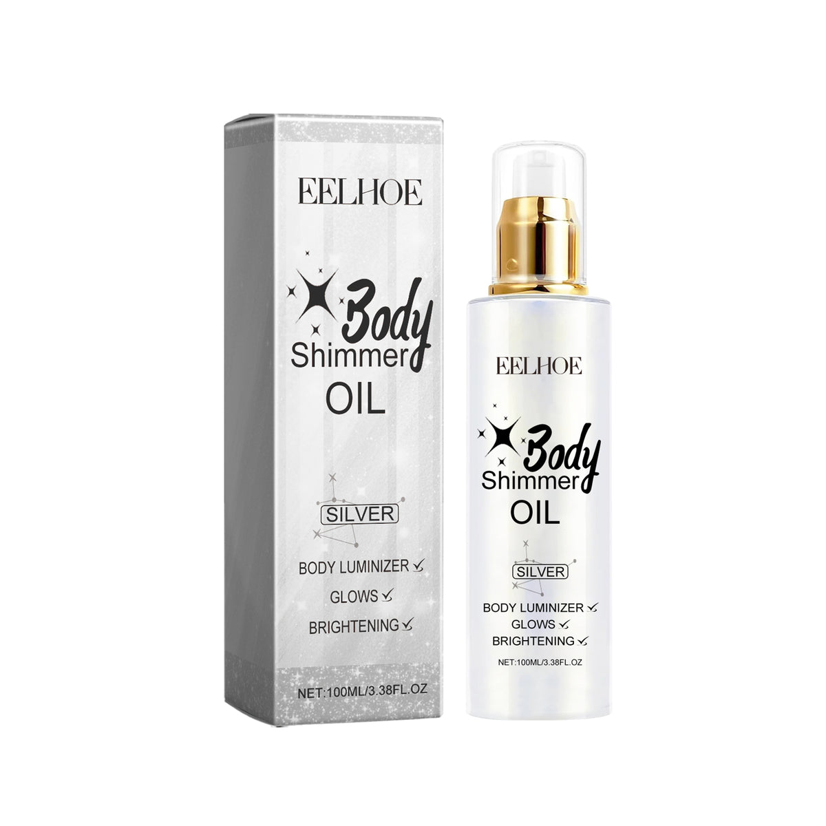 Eelhoe Silver Body Shimmer Oil bottle and matching silver box with a gold pump dispenser, sparkle pattern, and black text.
