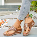 Shopimist toe post wedge sandals with tan leather straps and cork wedge heel, perfect for summer casual wear.