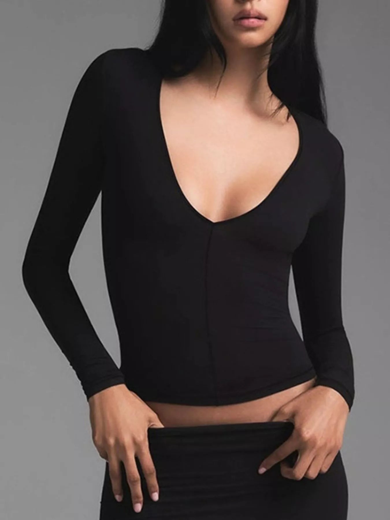 Simply Love V-Neck Long Sleeve Crop T-Shirt, black, fitted style with a V-neck neckline and long sleeves, casual fashion top.